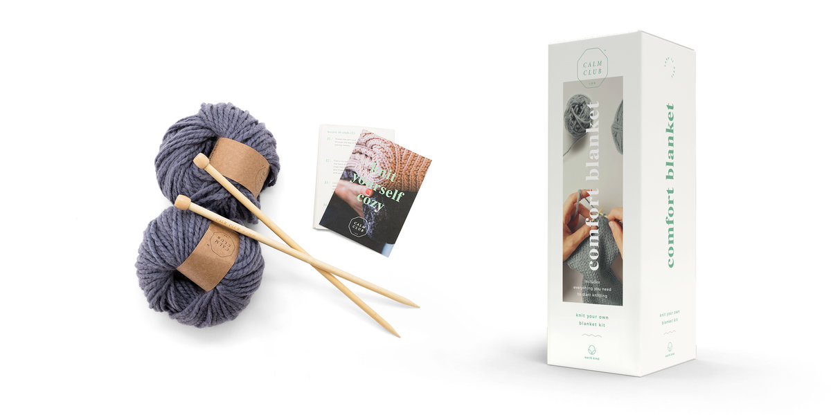 Comfort Blanket Calm Club Blanket knitting kit.