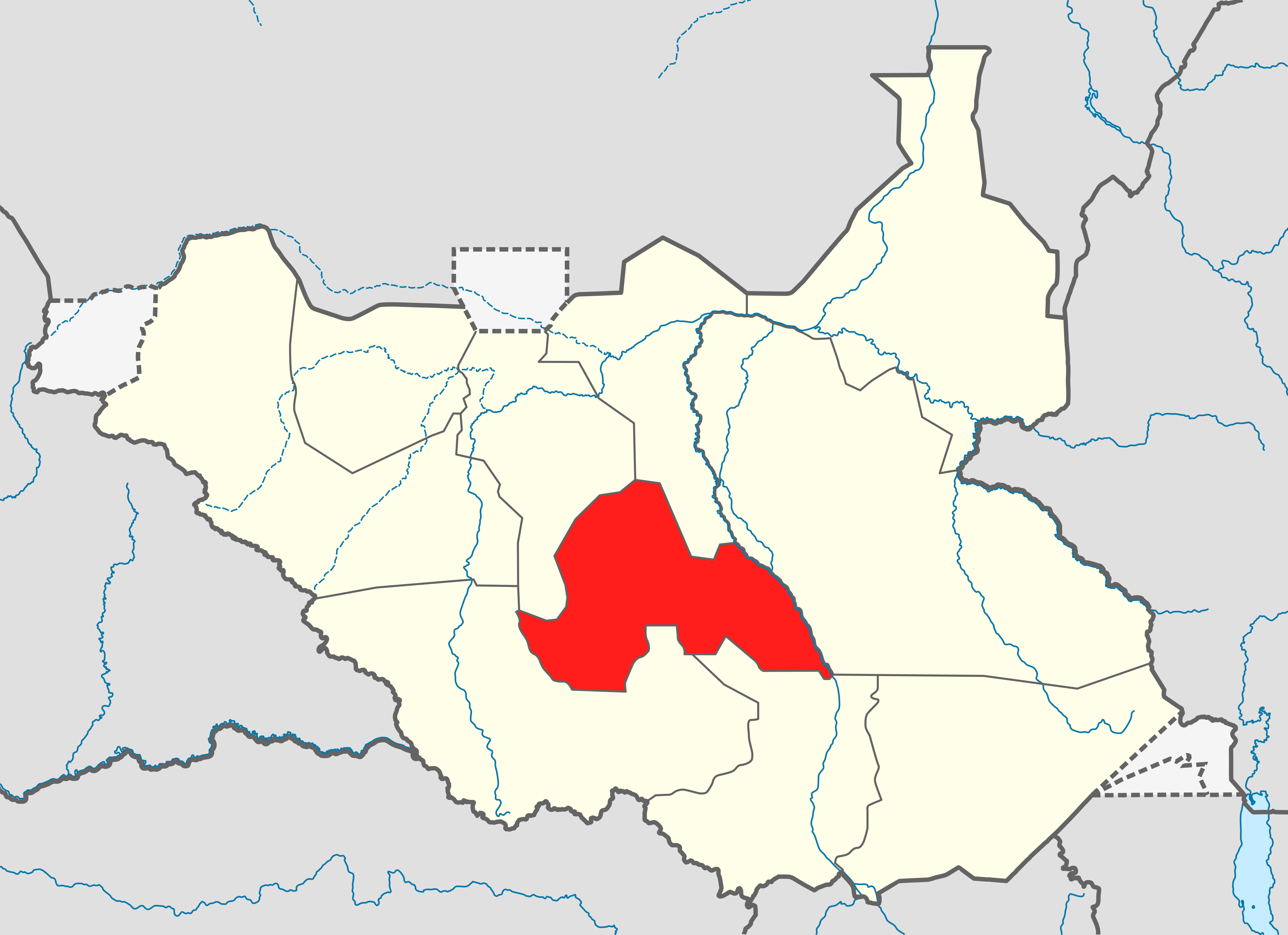 South Sudan map featuring Lakes state in red [Photo via Wikipedia]