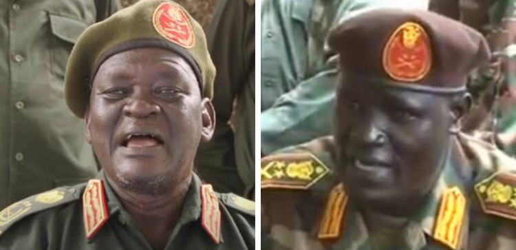 SPLA-IO chief of staff General Simon Gatwech Dual and Sector one commander General Johnson Olony [File photo]