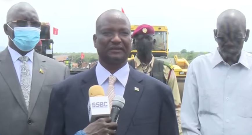 Vice-president Taban Deng Gai speaking to reporters following a visit to the construction site of the Juba-Bahr el Ghazal Highway. [Photo via SSBC]