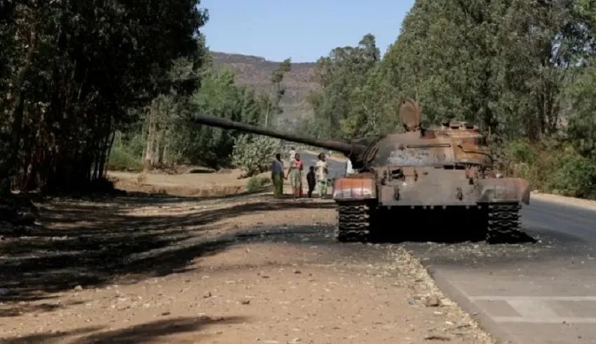A burned tank stands near the town of Adwa, Tigray region, Ethiopia, March 18, 2021 [Photo by BAZ RATNER/REUTERS]