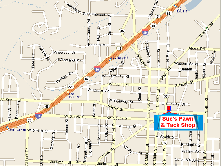 Maps of Benton ARkansas and Sue's Tack & Pawn