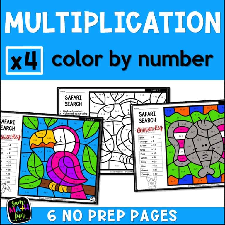 Multiplication Worksheets - Color by Number - Using 4 as a Factor - Sum