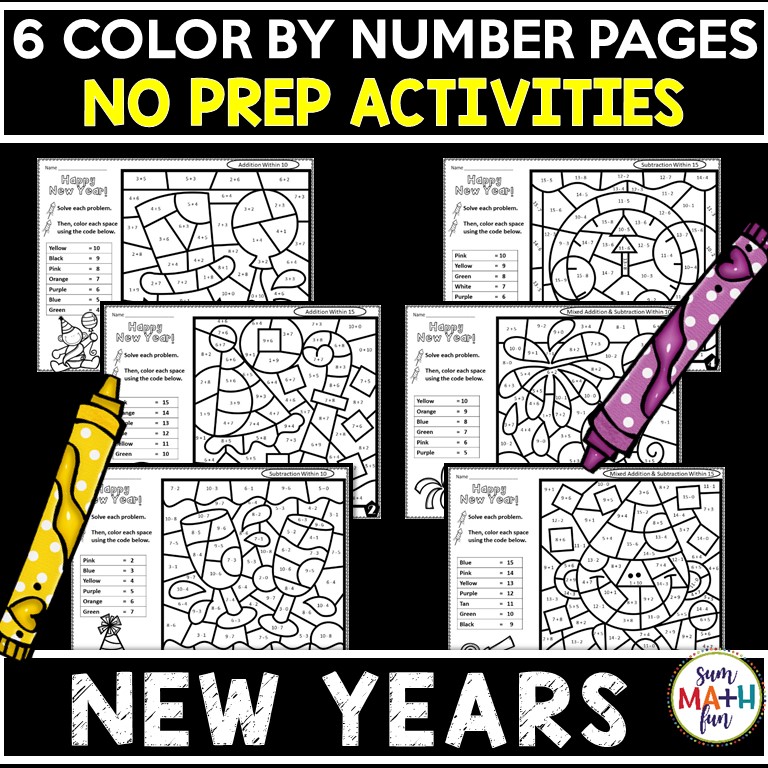 New Year's Color by Number Worksheets Sum Math Fun