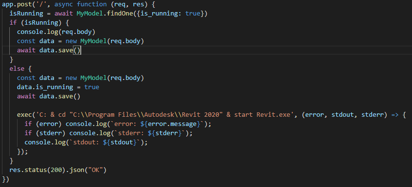 How to create a Node.js server and execute a cmd command from a POST