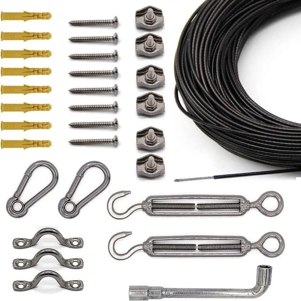 String Light Hanging Cable Kit, Nylon Coated 304 Stainless Steel Guide