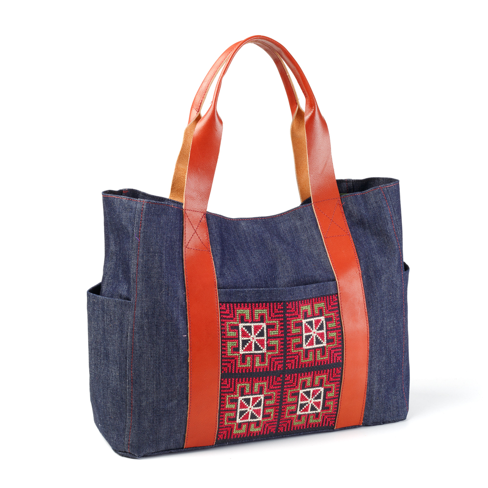 Tote with Leather Handles Denim Shop Fair Trade Tote Bags Online