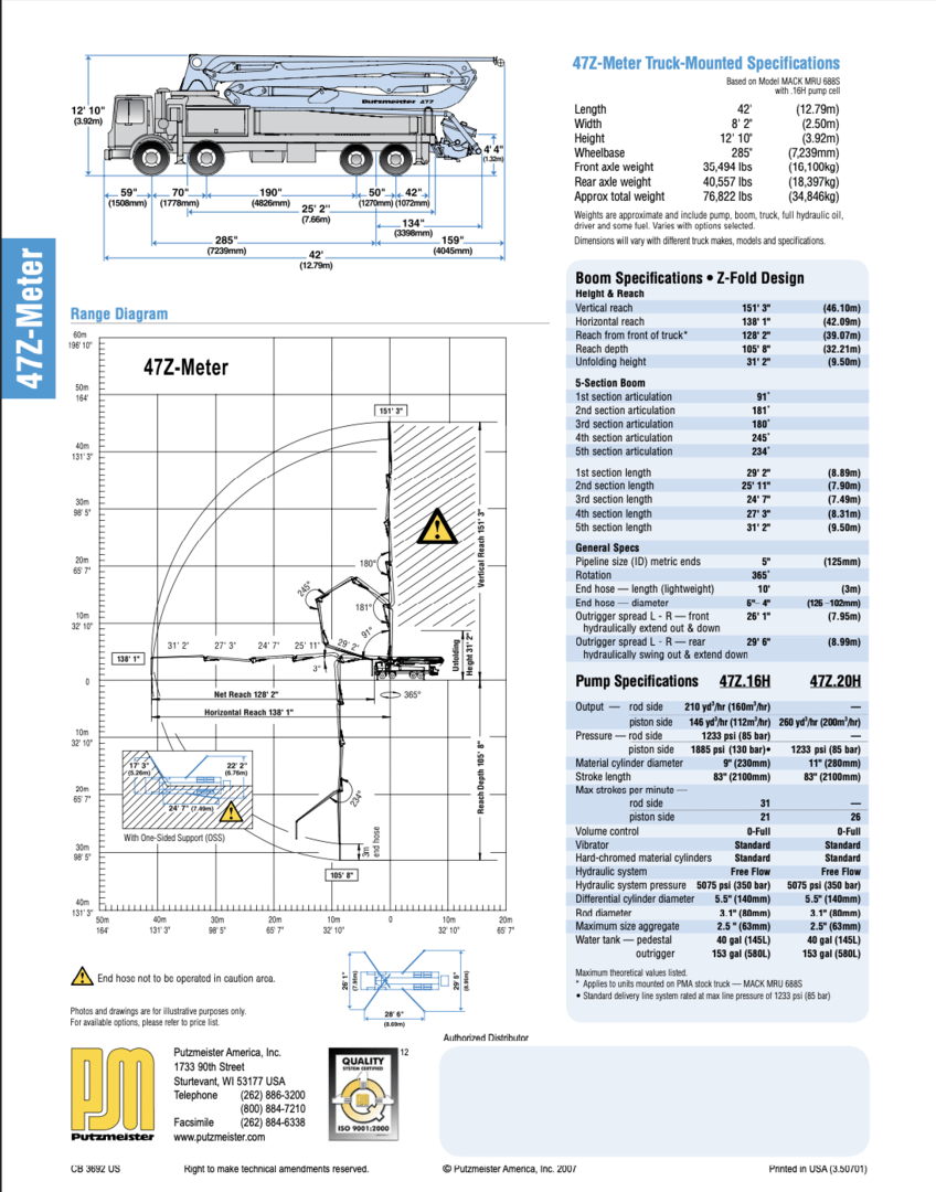 Pump Specs Trucks Sun Concrete Pumping Co. Grimes, Iowa