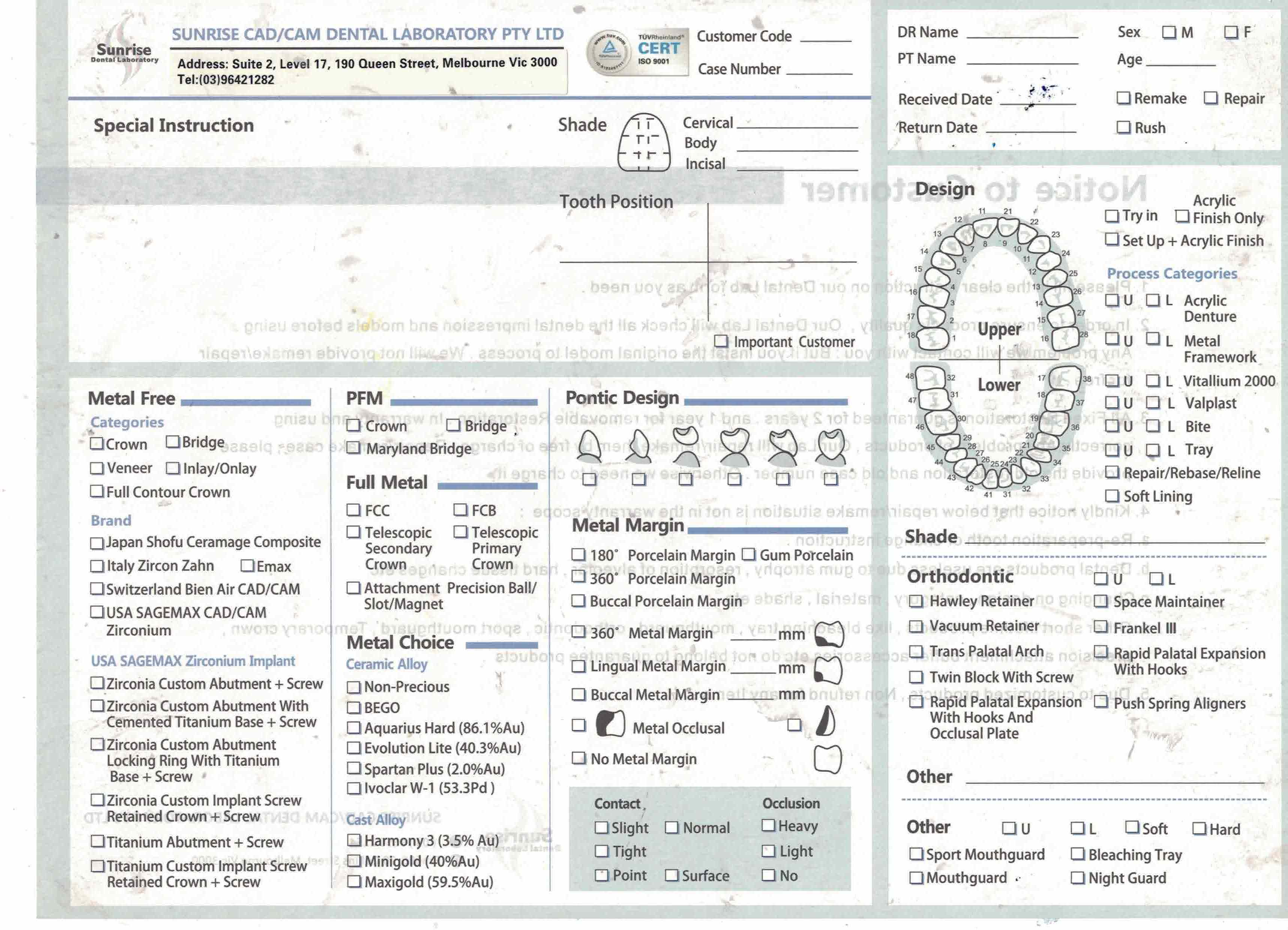 Lab Sheet Sunrise Dental Lab