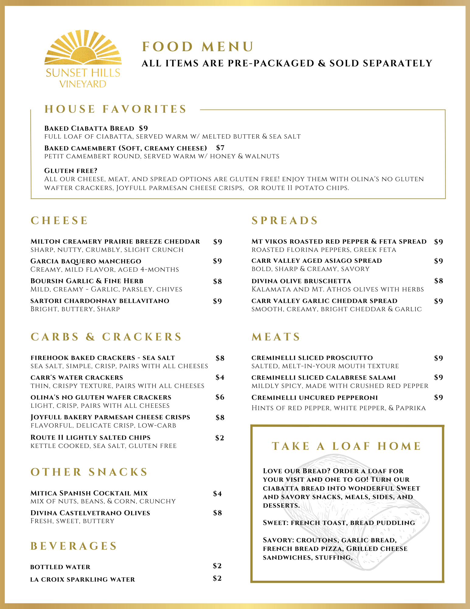Sunset Hills Vineyard Menus Food Menu