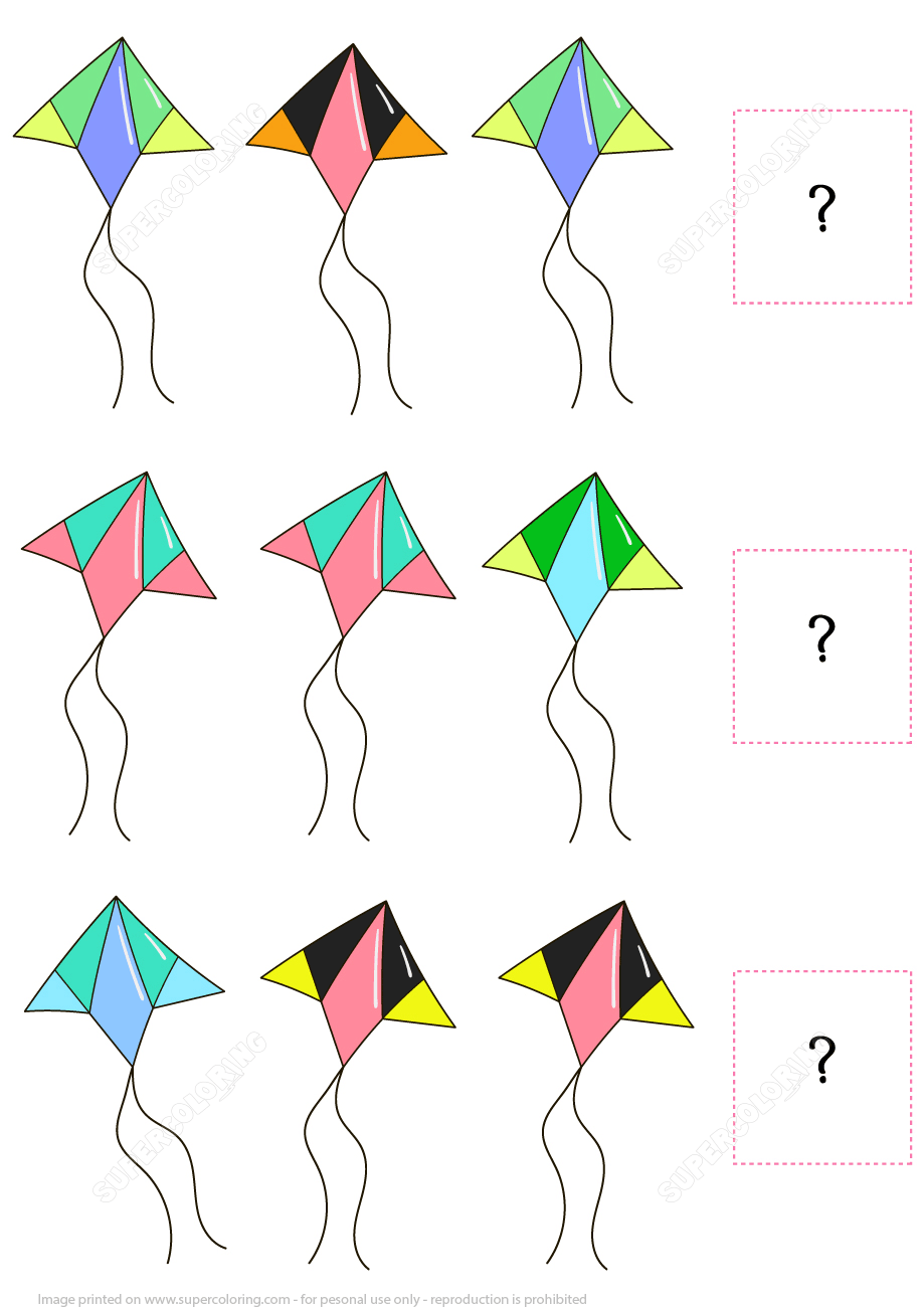 What Comes next Logic Puzzle with Kites Free Printable Puzzle Games