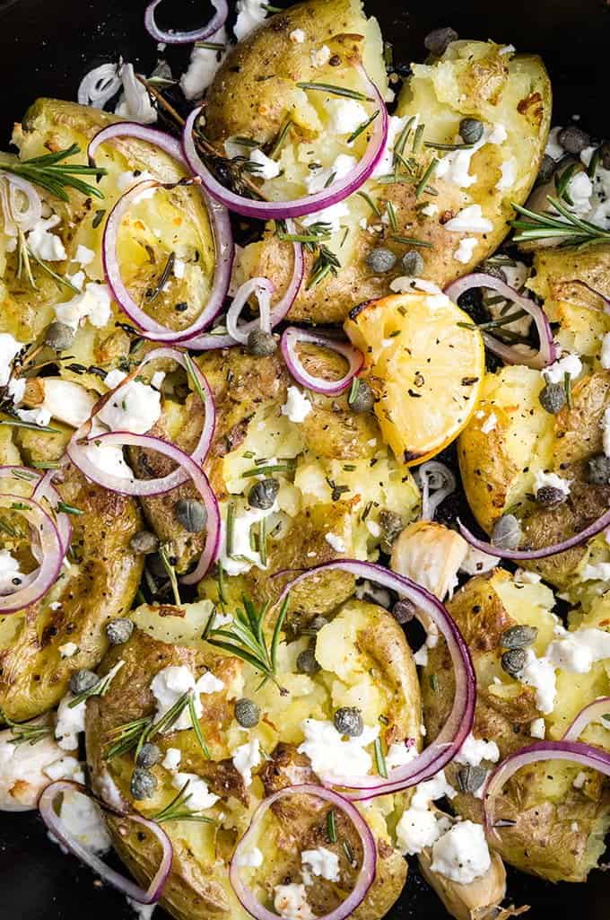 Quick smashed Greek potatoes with feta and rosemary