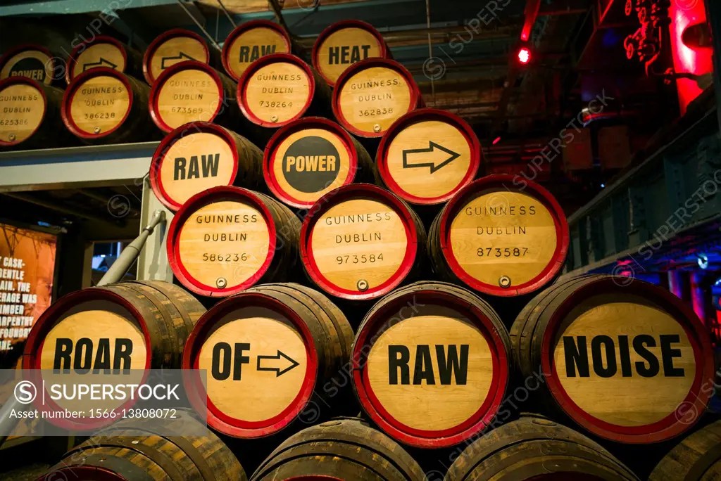 Ireland, Dublin, Guiness Storehouse, brewery museum, beer kegs. SuperStock