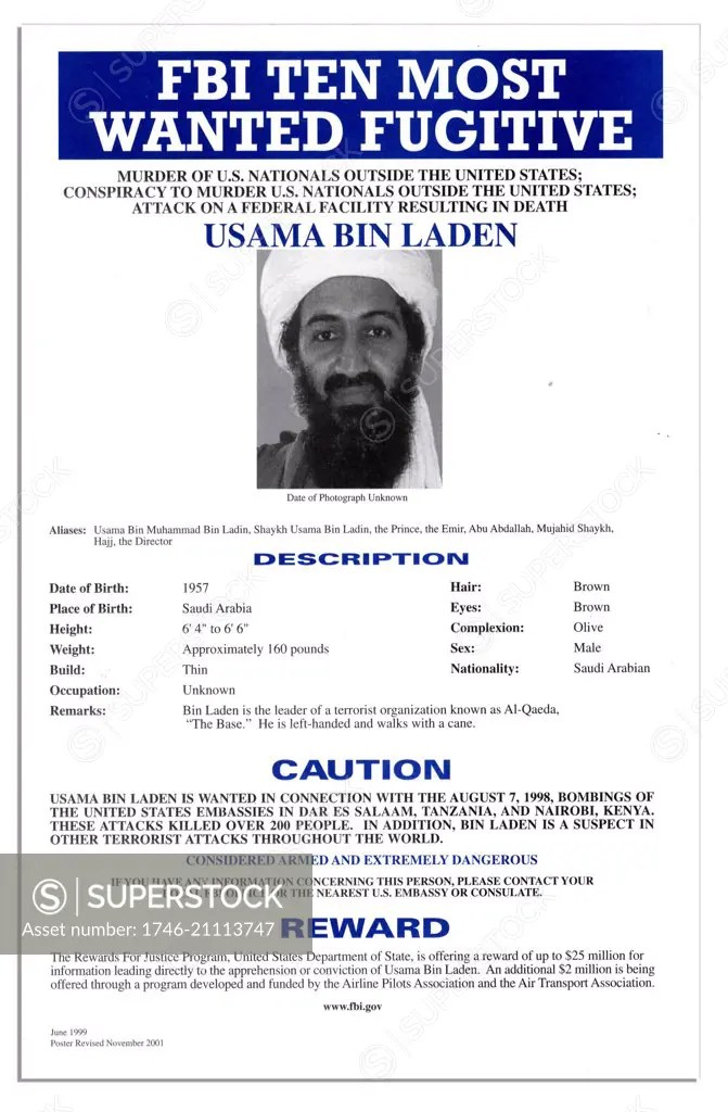 FBI Most Wanted poster of Osama Bin Laden the Al Qaida terrorist group