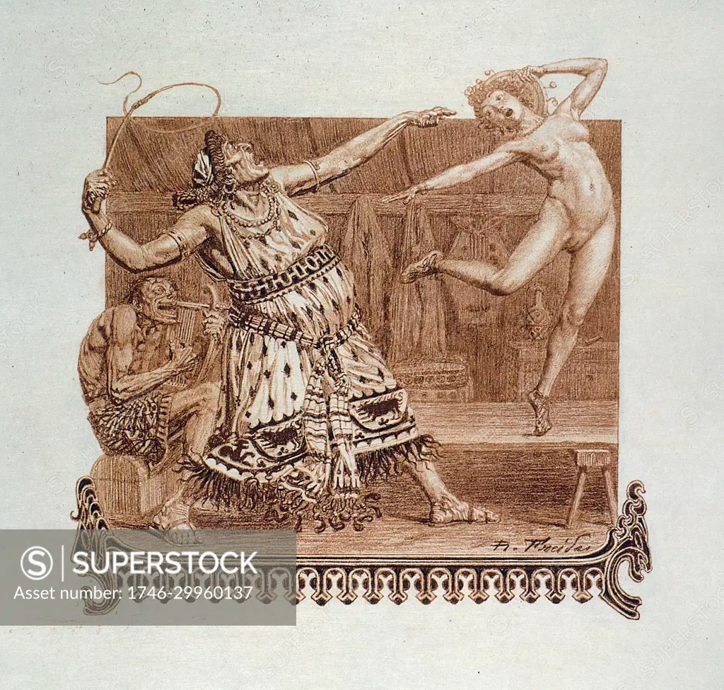 Gothic-style engraving depicting a naked woman being whipped in