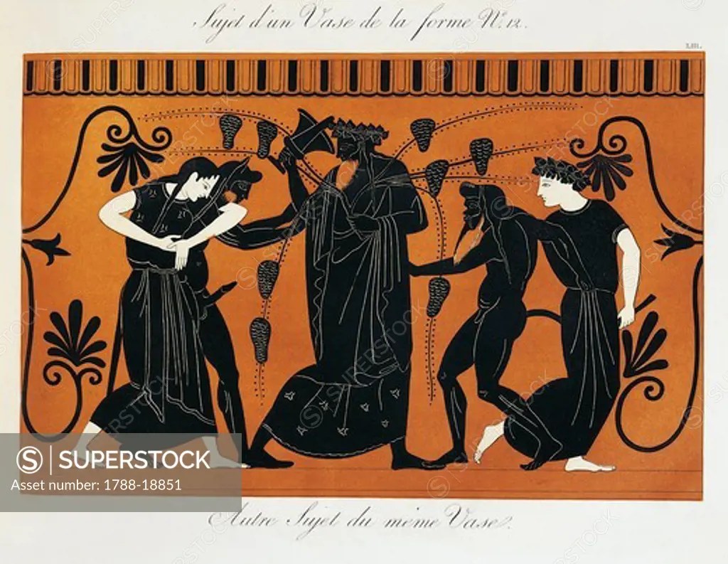 Scene from ancient Greek vase with Dionysus in a vineyard surrounded by