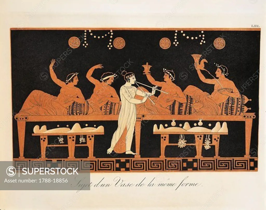 Scene from ancient Greek vase with Banquet scene in a triclinium with