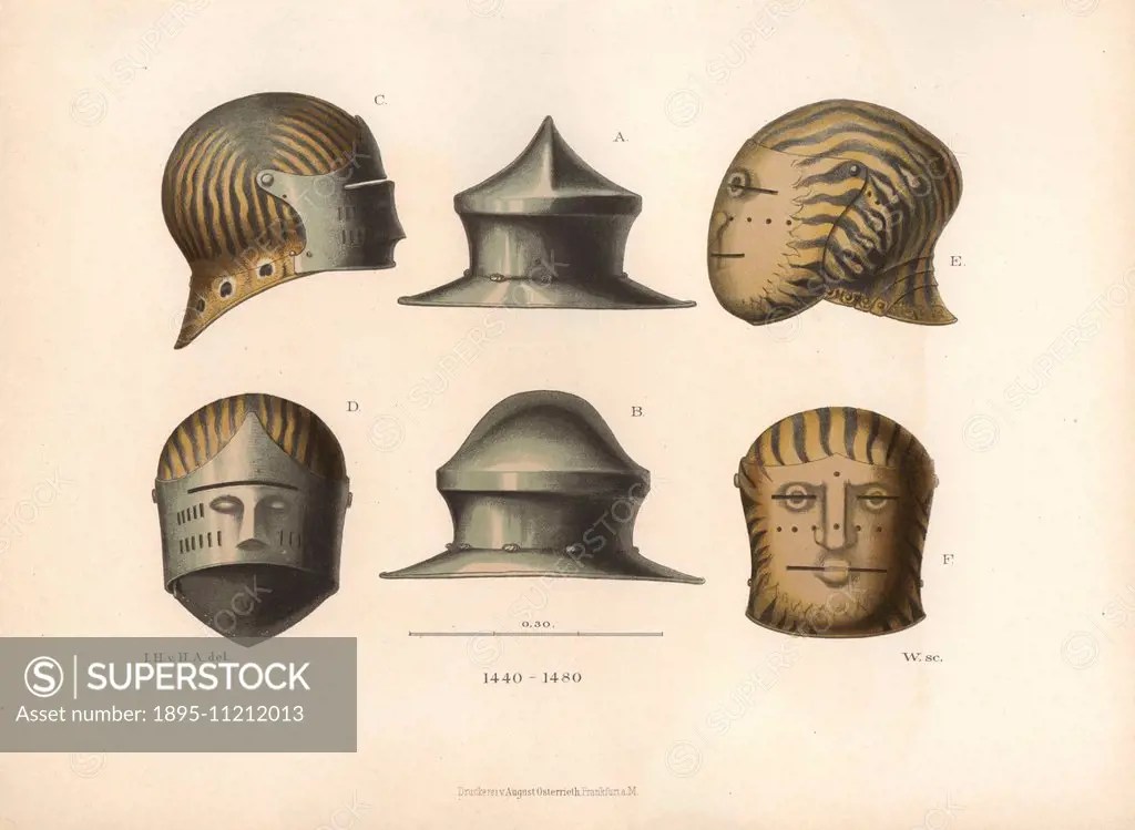 Three helmets from the late 15th century. A kettle hat in the middle, a sallet with visor at