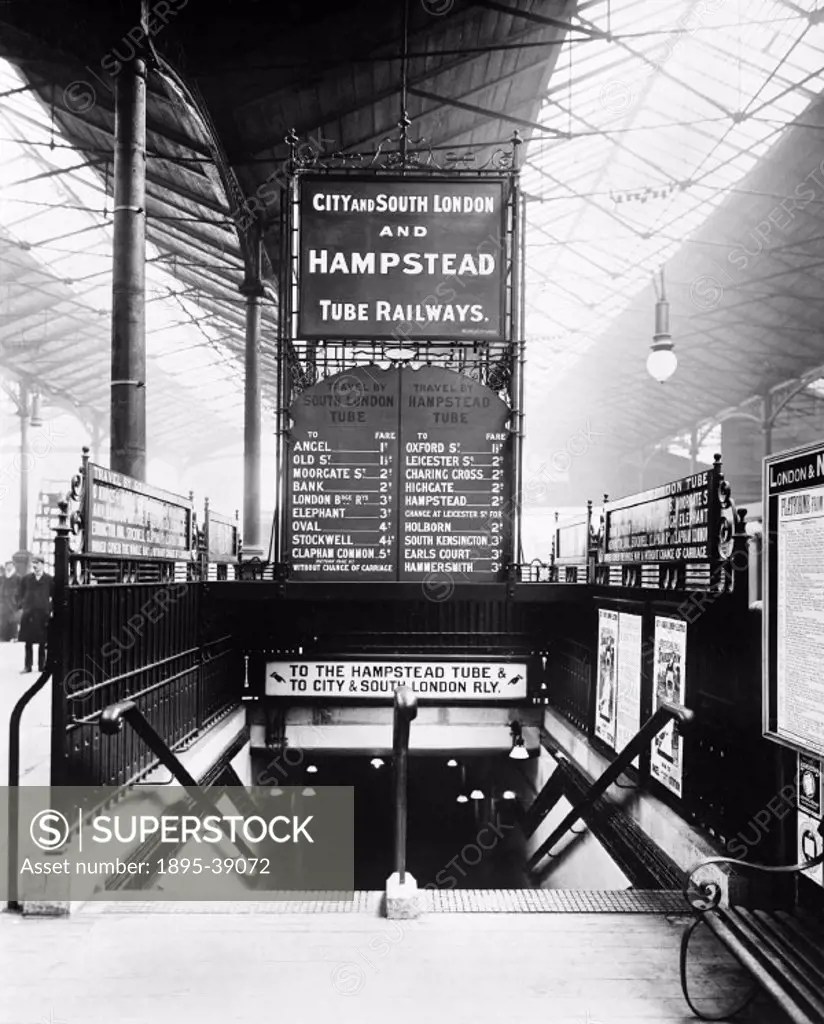Steps down to Euston tube station, London, 1908. The tube station, on