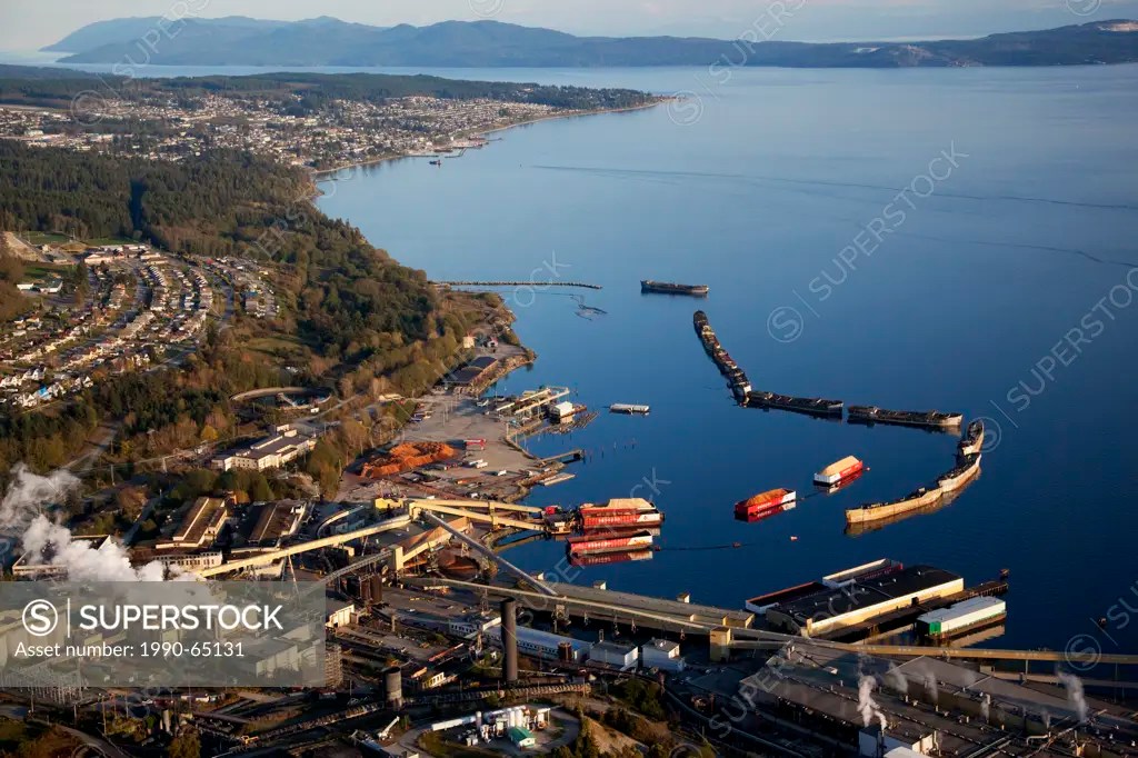 Aerial, Pulp Mill, Chip Barges, Hulks Breakwater Ships, Westview and