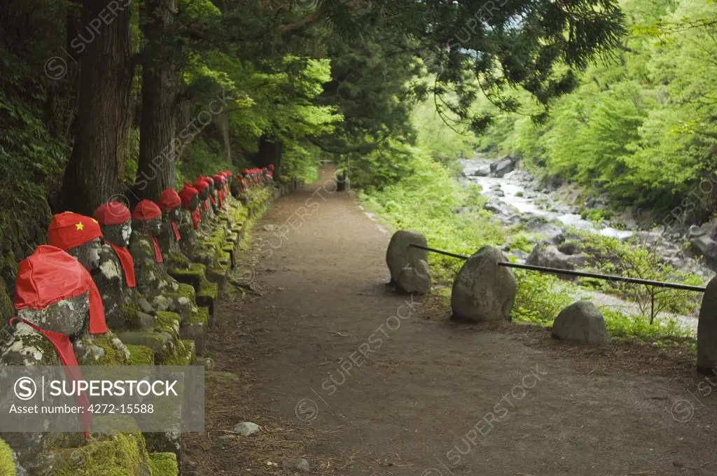 Kanmangafuchi area of Nikko town. The Narabijizo stone statues wearing