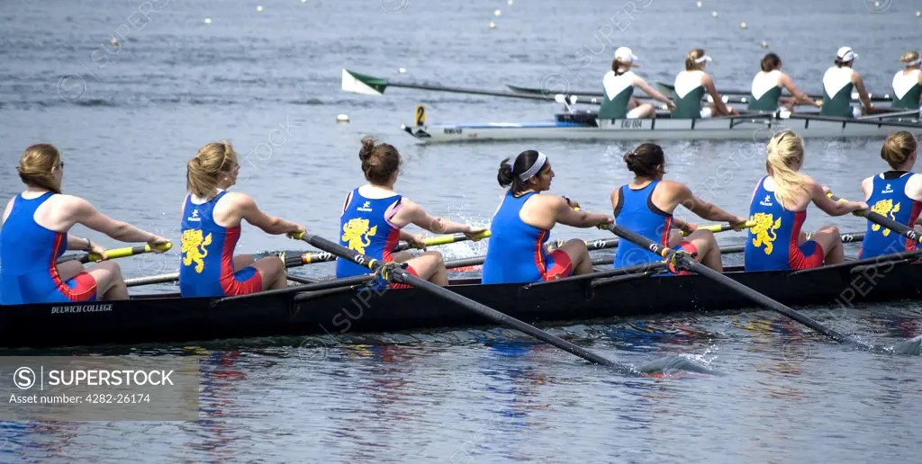 England, Buckinghamshire, Dorney. Ladies eights race at Eton Dorney