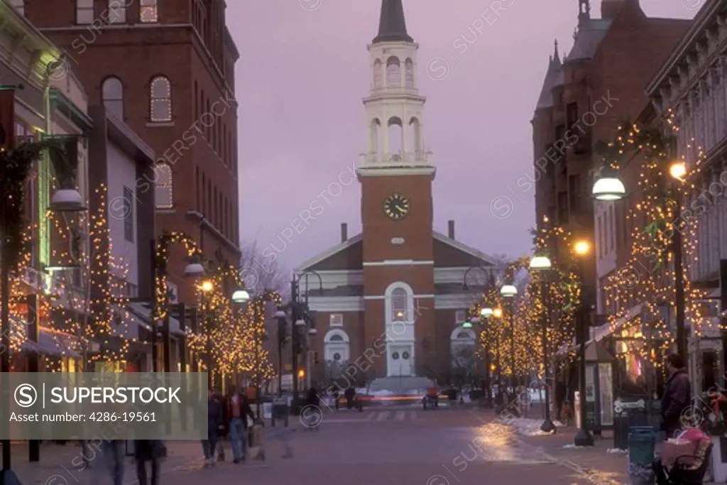 Burlington, Christmas, decorations, church, winter, snow, city, Vermont, Church Street