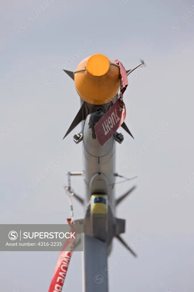 A detailed view of an AIM9X Sidewinder missile with a dome / seeker