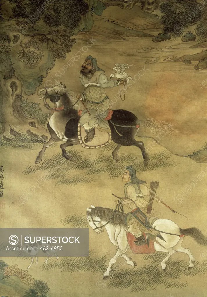 Genghis Khan at the Falcon Hunt World History/Asia Silk painting