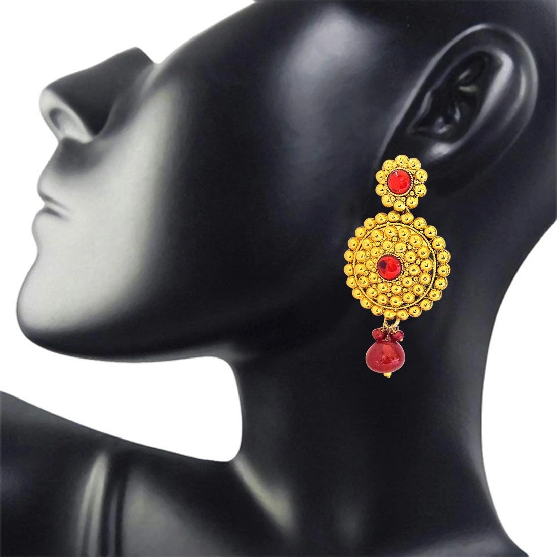 Traditional Rajasthani Style Red Coloured Stone & Gold Plated Round