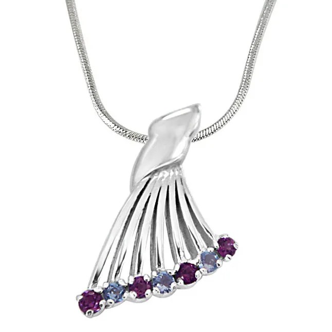 Queen's Wing Blue Topaz, Pink Rhodolite & 925 Silver Fan Shaped