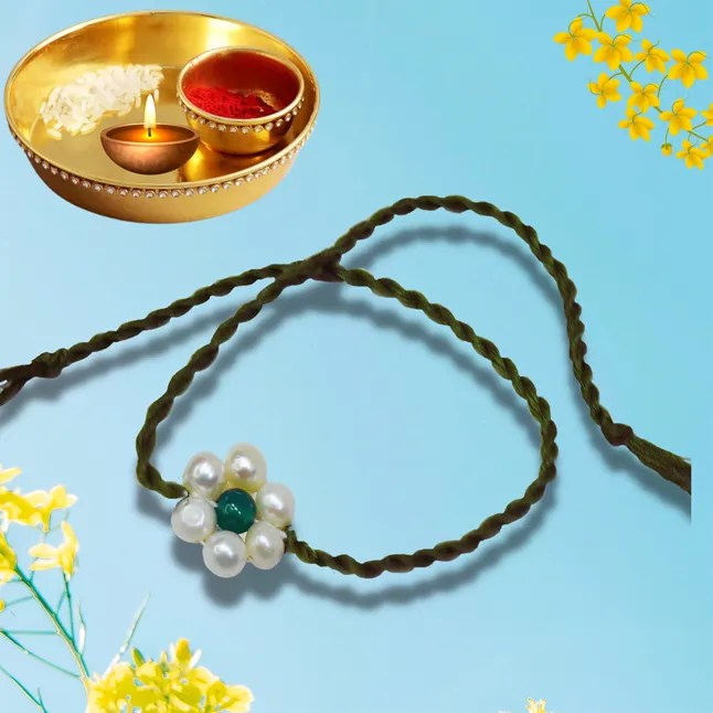 Green Onyx and Pearl Flower Shaped Gemstone Rakhi for your loving