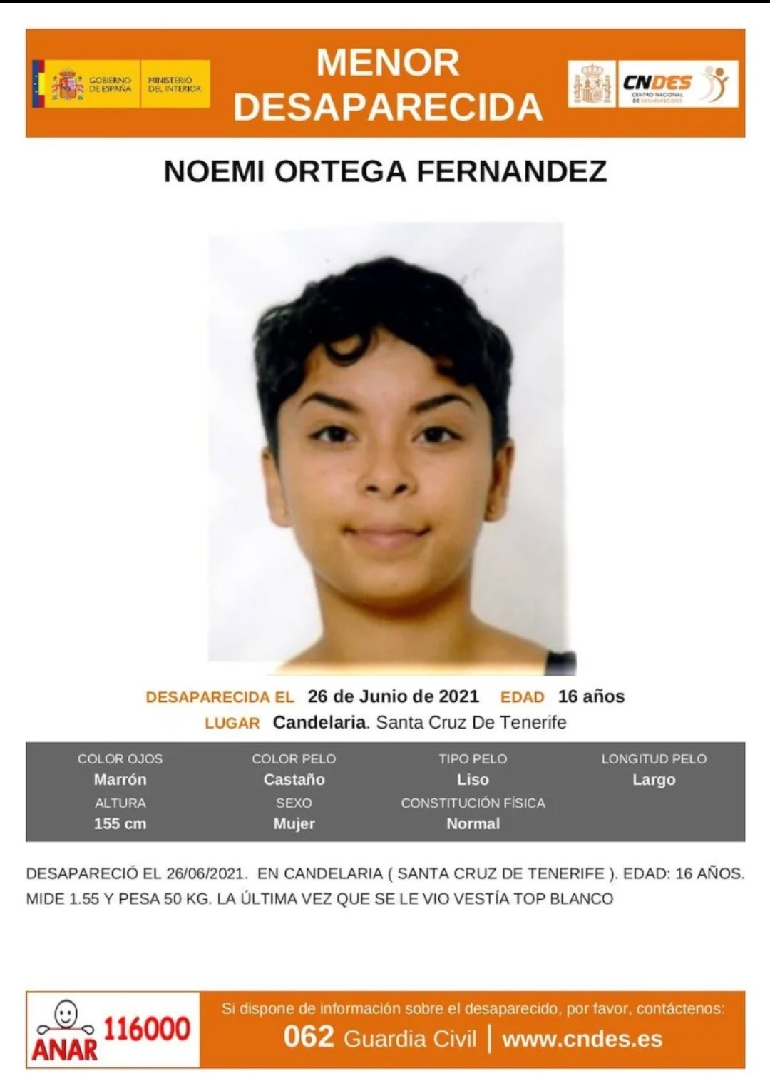 NOEMI de 16 años desaparecida en Tenerife Sur de Tenerife