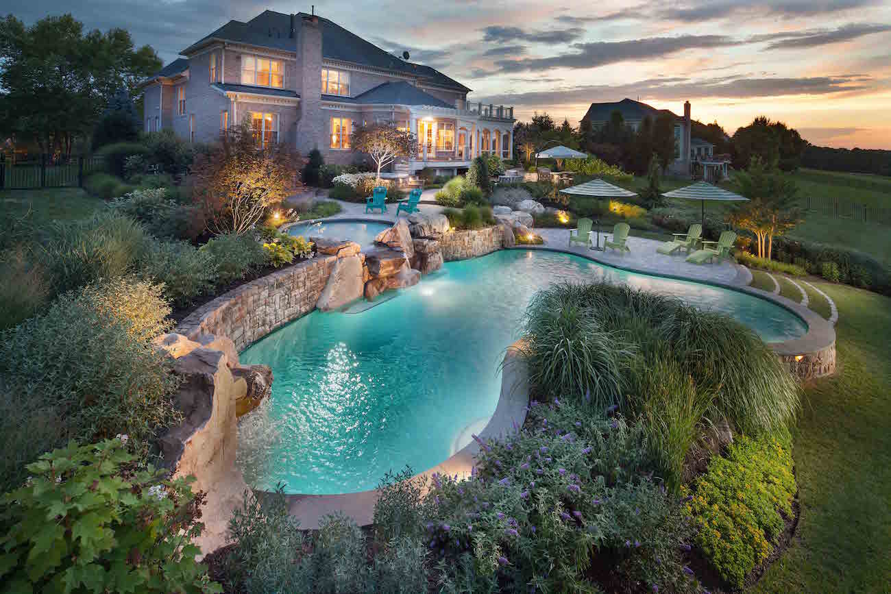 Landscape Design for Swimming Pool & Waterfalls in Potomac Maryland
