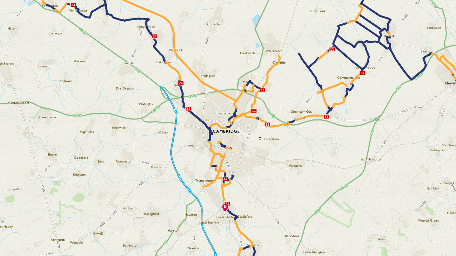 Cambridge Bike Trails Map Great Shelford To Waterbeach Via Cambridge - Sustrans.org.uk