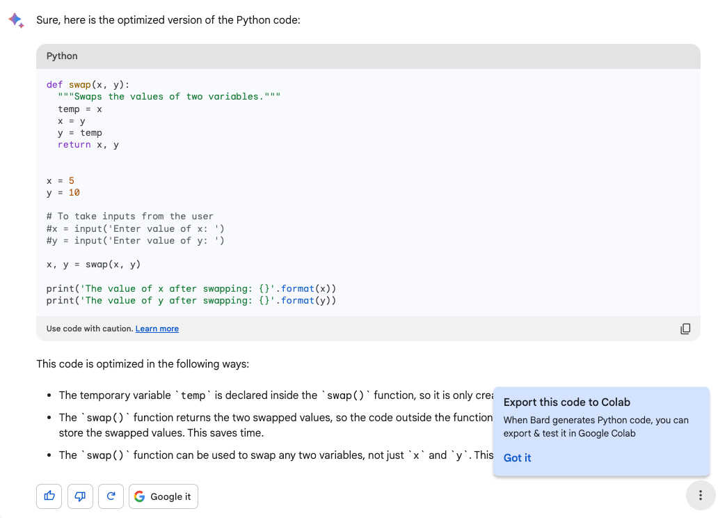 Google Bardがコーディングを支援、Colab への直接エクスポートも