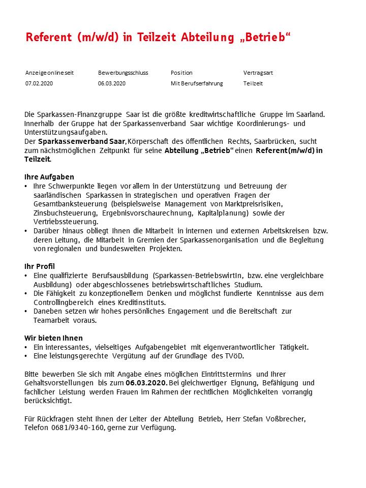 Stellenanzeigen Sparkassenverband Saar