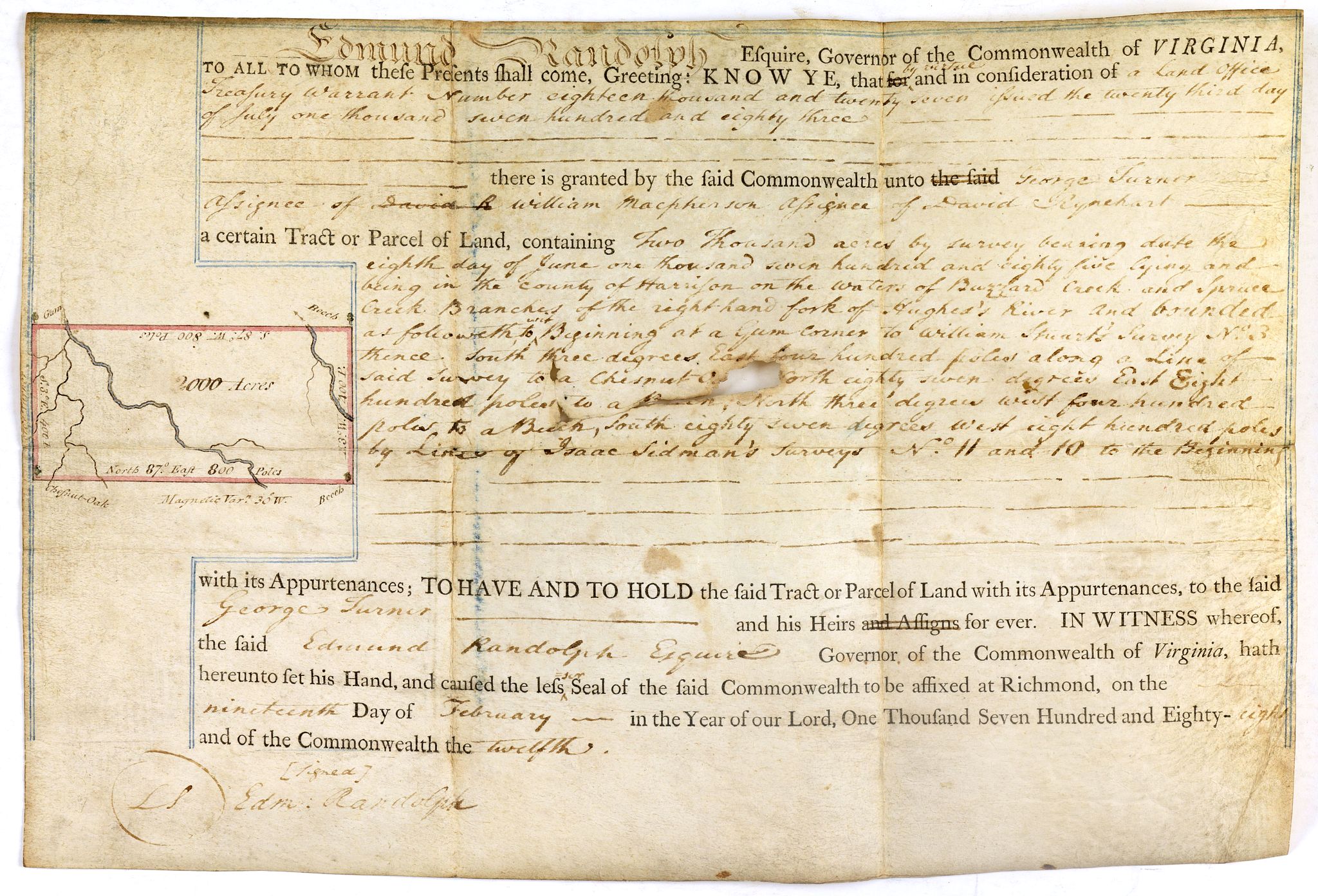 Untitled [Virginia Land Grant With Manuscript Map] Old map by I