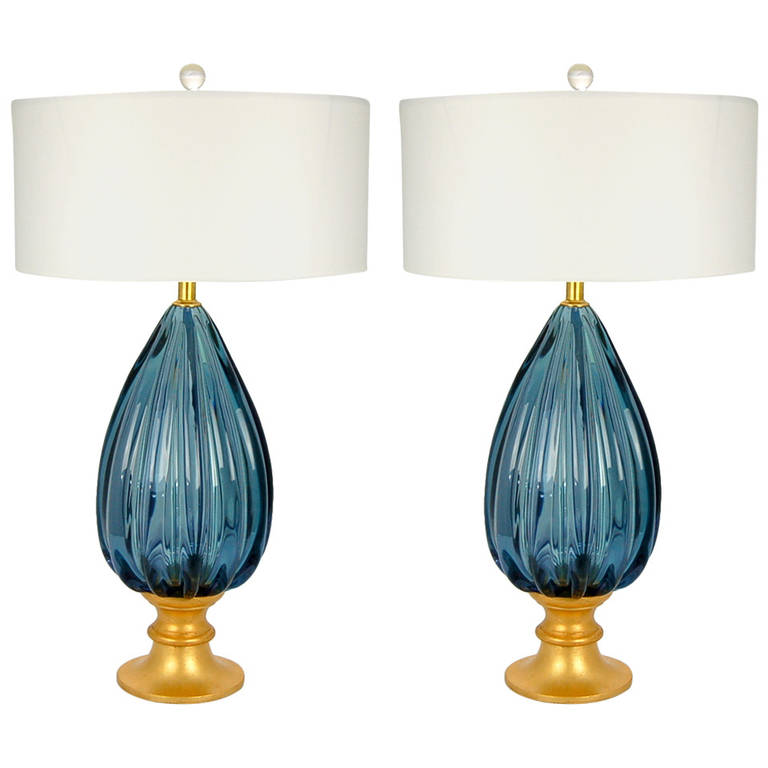 Marbro Murano Glass Table Lamps Peacock Blue Swank Lighting
