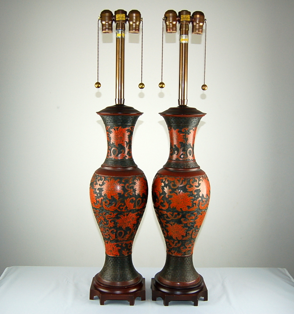 Matched Pair of Vintage Cloisonné Brass Lamps in Vermillion by Marbro