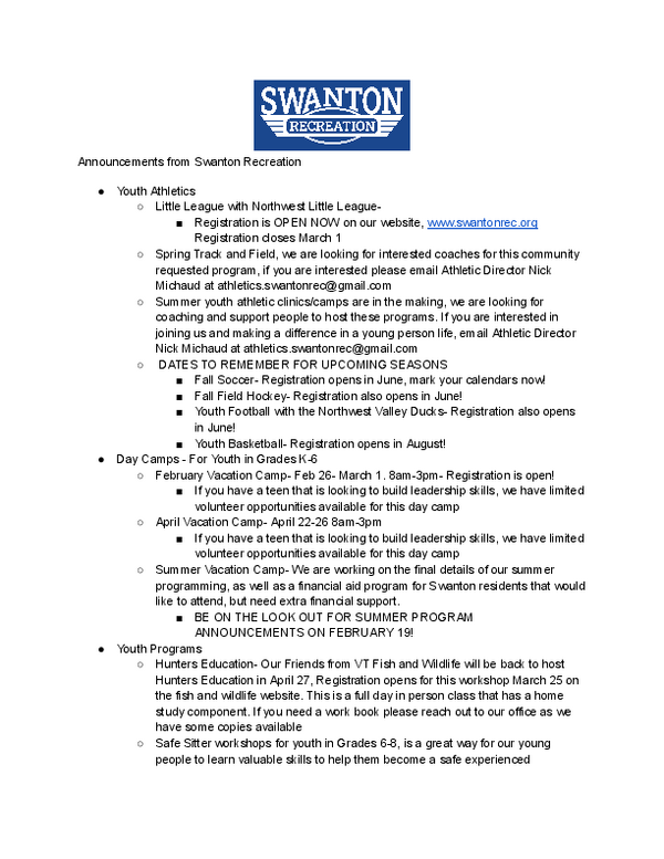 Swanton Recreation February Message Swanton, Vermont