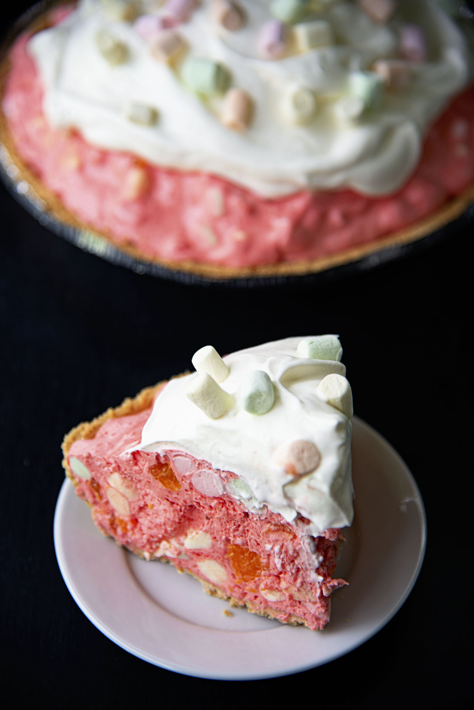 Fruity Marshmallow Raspberry Jello Pie with Graham Cracker Crust