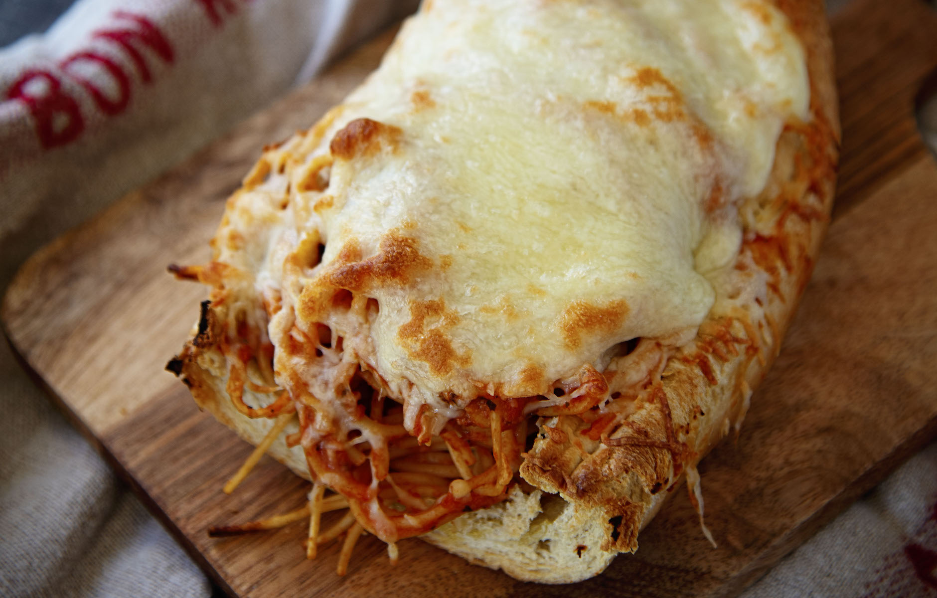 Spaghetti Stuffed Garlic Bread with Italian Cheese Blend