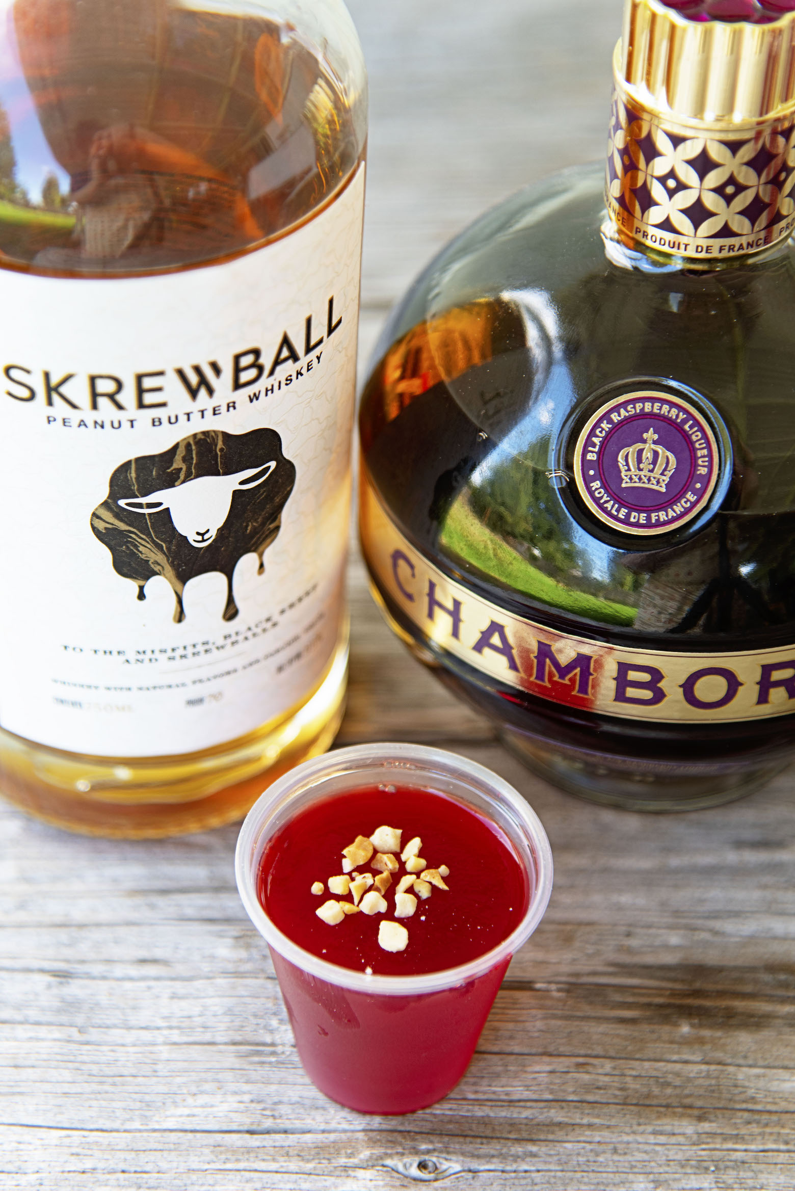 Peanut Butter Raspberry Jello Shots with Skrewball and Chambord