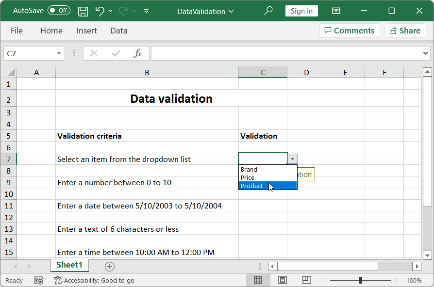 Implementing Data Validation in Excel Cells Using C