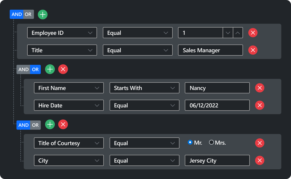 React Query Builder Component Syncfusion