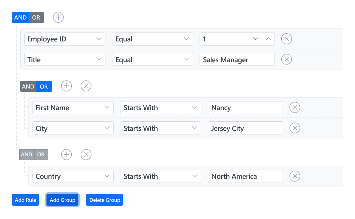 React Query Builder Component Syncfusion