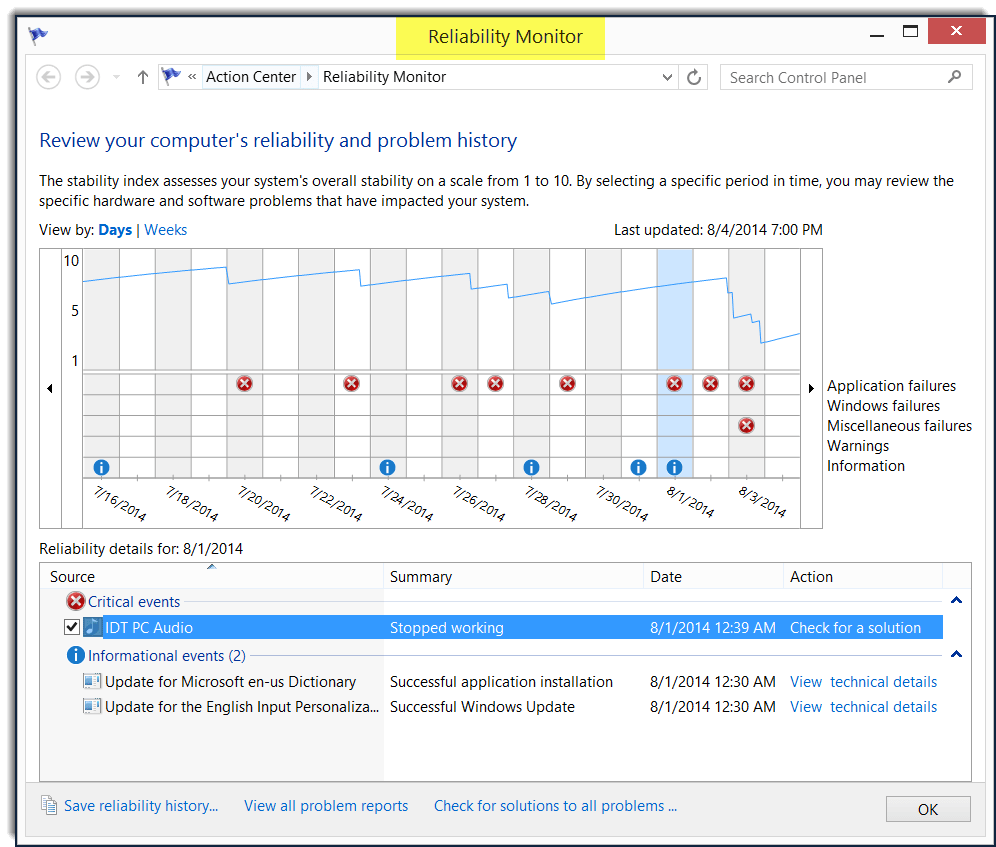 Windows Reliability Monitor (Windows 10, 8.1, 8, 7 & Vista)