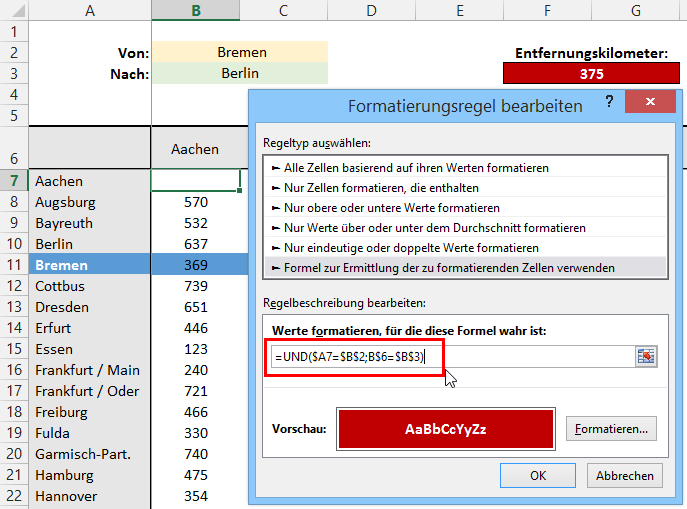 Entfernungsrechner Karte Praxisfall Bedingte Formatierung im Entfernungsrechner Der
