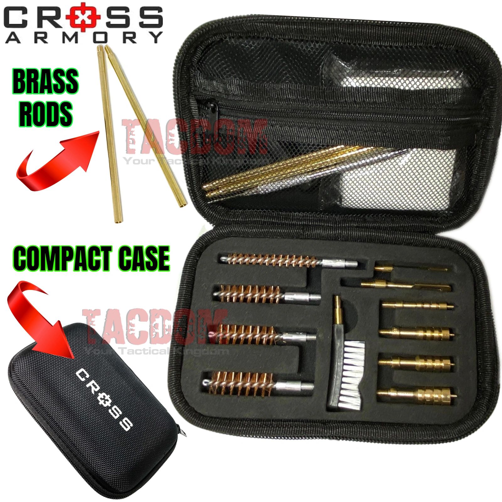 CROSS ARMORY Compact Pistol Cleaning Kit 22lr to 45acp BRASS RODS & JAGS P80 TACDOM